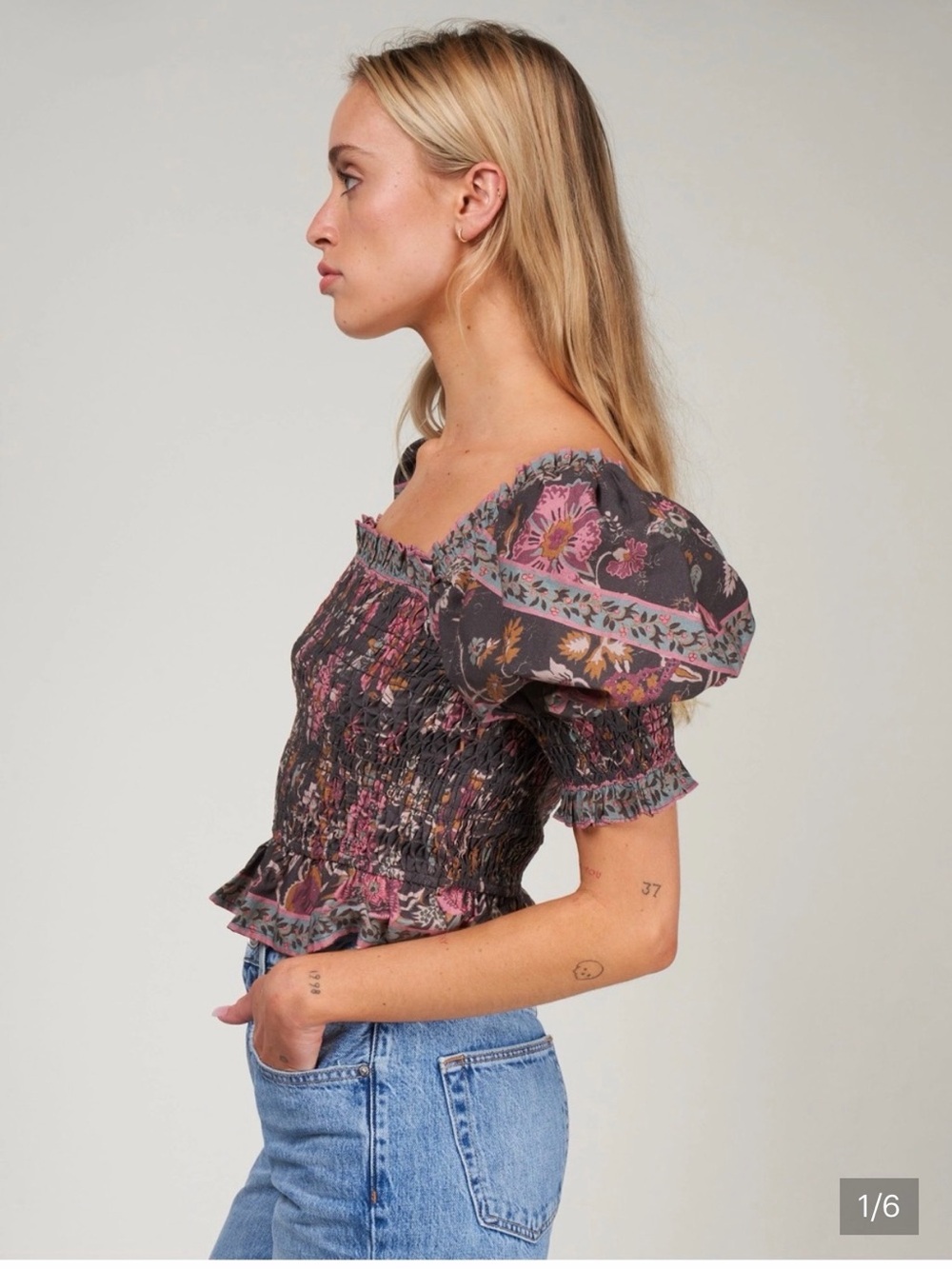 Sea New York Dark Gray Floral Smocked Puff Sleeve Top with Pink Accents